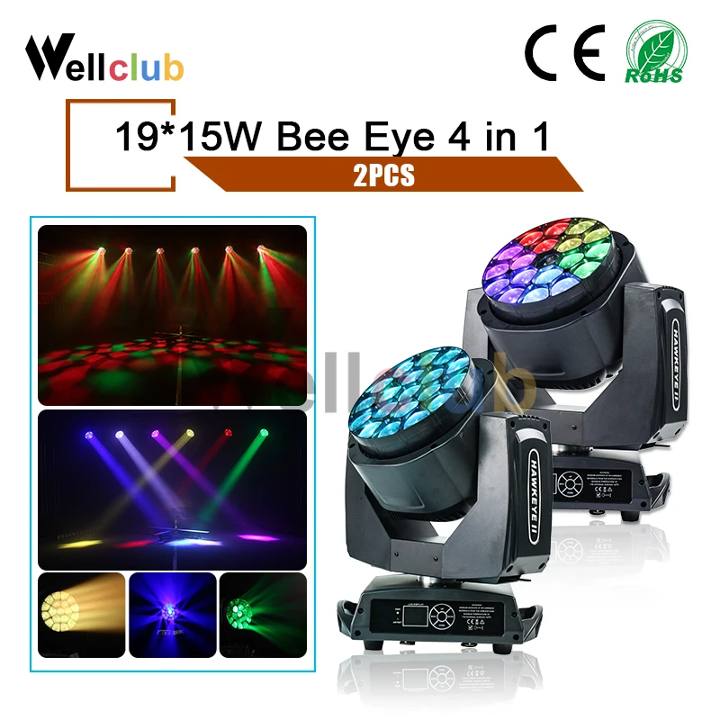 2 шт. 19x15 Вт большой луч пчелиные глаза движущийся головной свет RGBW 4-в-1