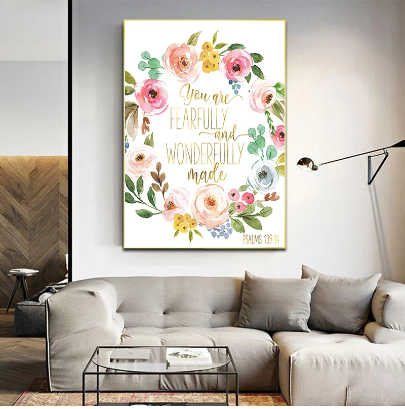 

Bible Verse Psalm 139:14 Scripture Nursery Wall Art Canvas Painting Pictures Watercolor Flowers Prints Poster Baby Girl Decor