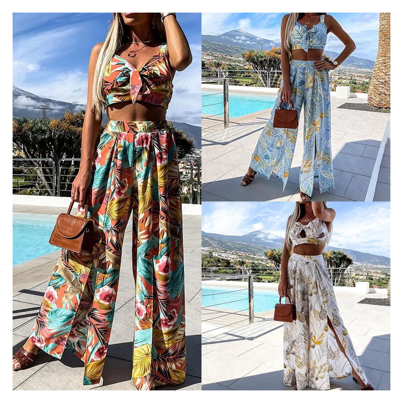 Жилет на бретелях с цветочным принтом свободные пляжные брюки из двух предметов