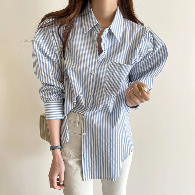 Женская рубашка в полоску свободная универсальная Корейском стиле с отложным