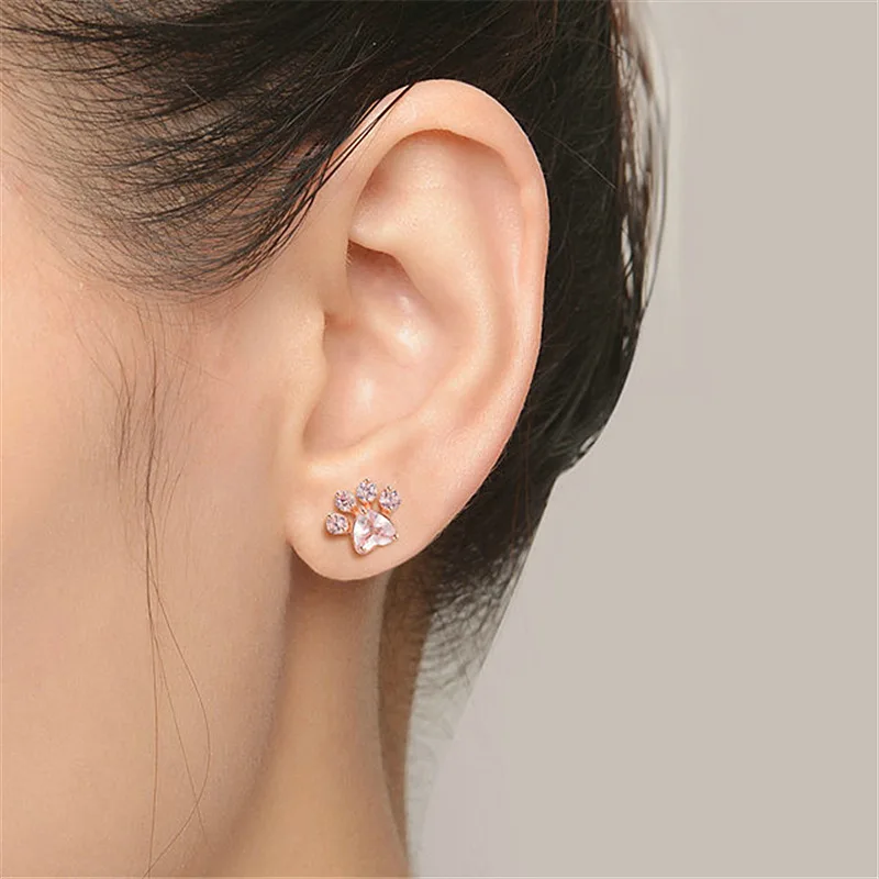

Prevent allergy Cute Cat Paw Earrings For Women Fashion Rose Gold Earring Pink Claw Print Bear and Dog Paw Stud Earrings