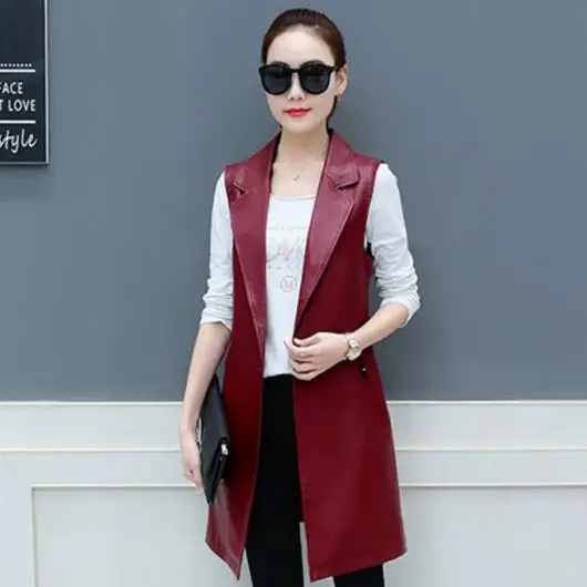 Осенний блейзер из искусственной кожи женский длинный Приталенный жилет размера