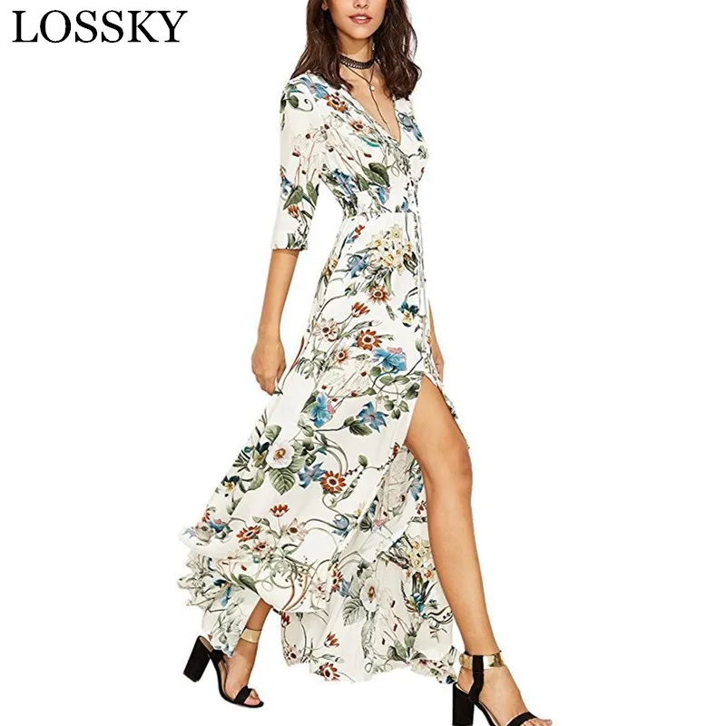 

Vintage Floral Print Long Dress Split V Neck Elegant Retro 2020 Summer Boho Beach Party Maxi Dress Women Sundress Vestidos Robe