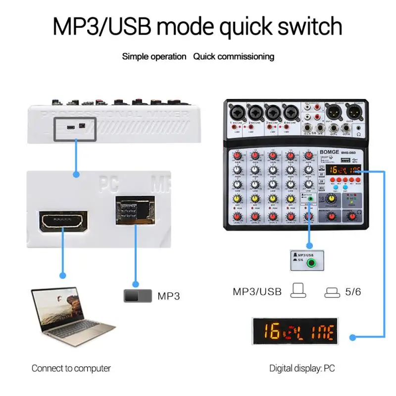6 Channels Audio Sound Mixer With Card Mixing DJ Console USB 48V Phantom Power 16 DSP Effects Bluetooth-compatible | Электроника