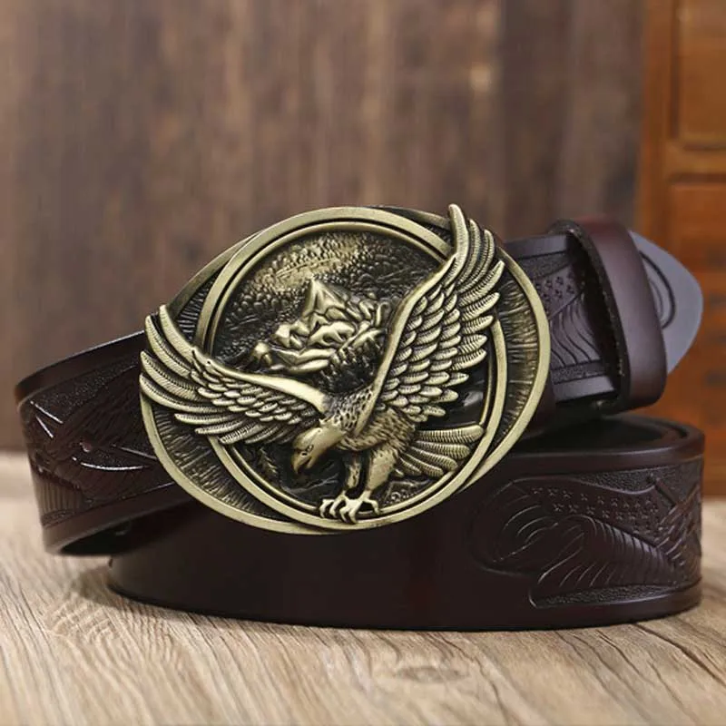Bronze buckle Coffee Винтажный Мужской ремень с Орлиной пряжкой из натуральной кожи, ремень из воловьей кожи, дизайнерские ремни с пряжкой для мужских джинсов, поясной ремень, подарки - Цвет: Bronze buckle Coffee