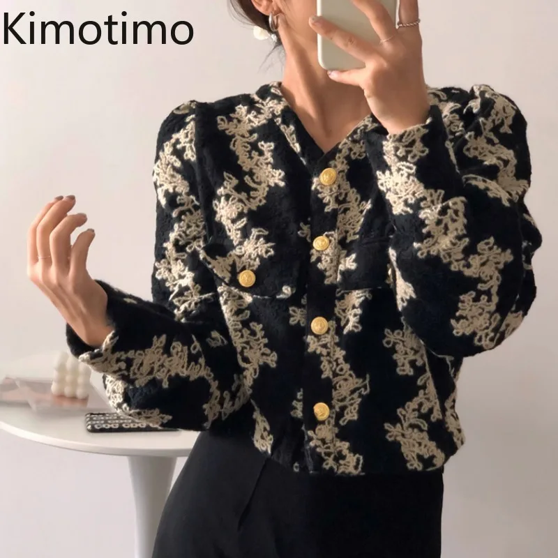 

Кроп-куртка Kimotimo женская с вышивкой, куртка во французском ретро стиле, с V-образным вырезом, модная одежда с длинным рукавом, Осень-зима