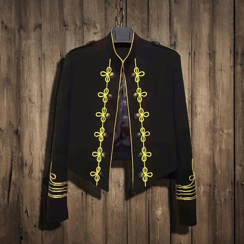 

High Quality Flower Embroidert Wedding Dress Jacket Men Black Gold Metal Button Unique Men Blazer Jacket Irregula Length Blazer