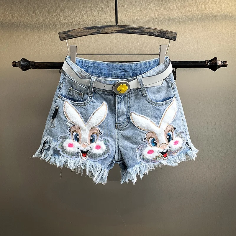 

Embroidery Cartoon Women Denim Shorts Korea-style All-match High Waist Loose Wide Leg Summer Hot Shorts Tassel Short Jean