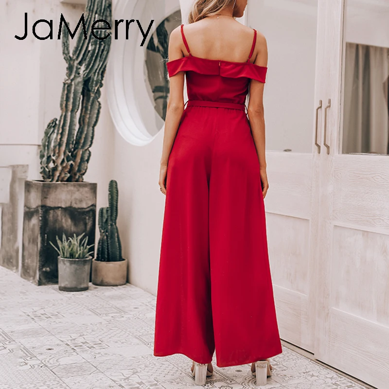 JaMerry, сексуальный, с открытыми плечами, длинный детский комбинезон, женский, черный, однотонный, с широкими штанинами, длинный комбинезон, повседневный комбинезон, уличная одежда, комбинезоны