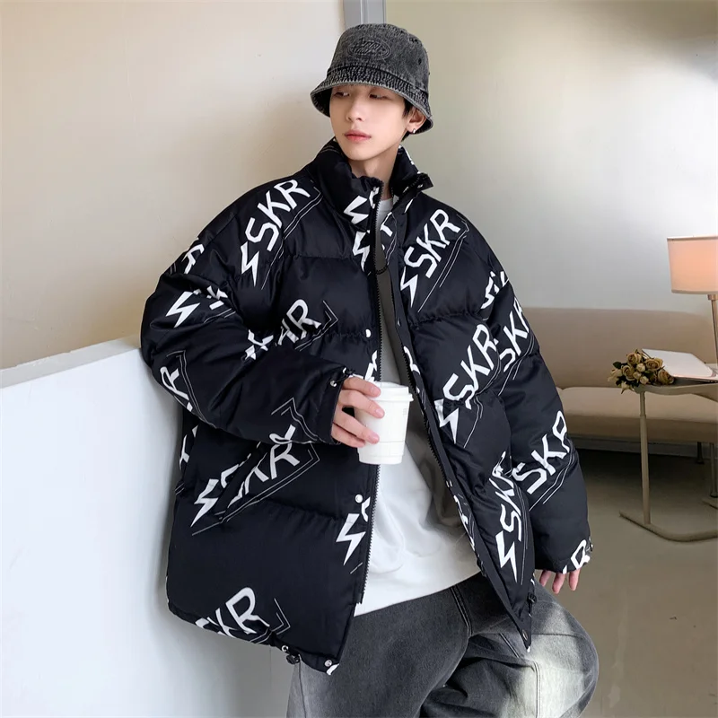 Свободная куртка-пуховик с буквенным принтом для мужчин Зимняя теплая одежда