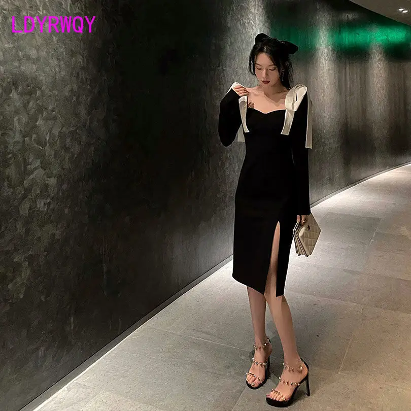 

2021 fall new ladies retro Hepburn style thin temperament slit dress women Office Lady Sheath Zippers Knee-Length