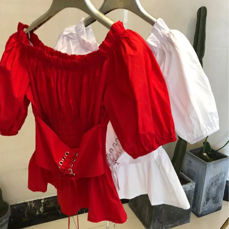 

Lantern Sleeve Slash Neck Off Shoulder Shirt Women Summer Criss-Cross Lace-Up Fit Shirring Korean Female Elegant Pullover Blouse
