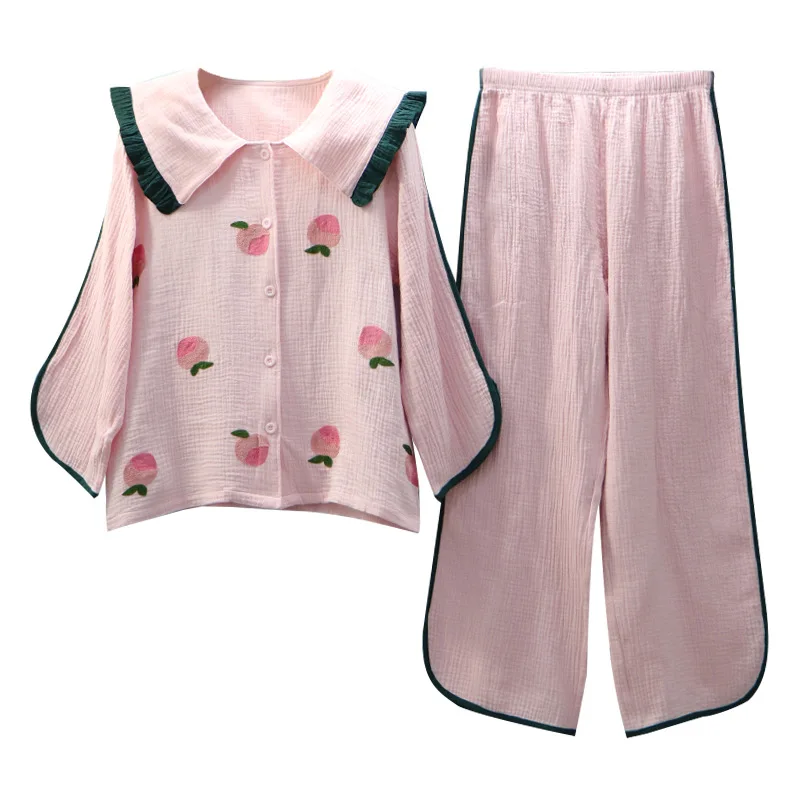 

Pajamas women spring and autumn cotton ladies long-sleeved court cotton pattern embroidered casual home service suit