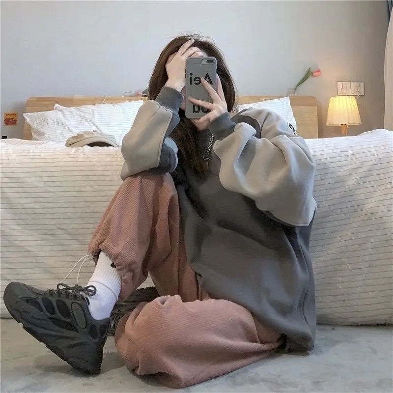 

Комплекты женской одежды Ulzzang, повседневный осенний женский простой топ для колледжа, модные вельветовые джоггеры с высокой талией, свободн...