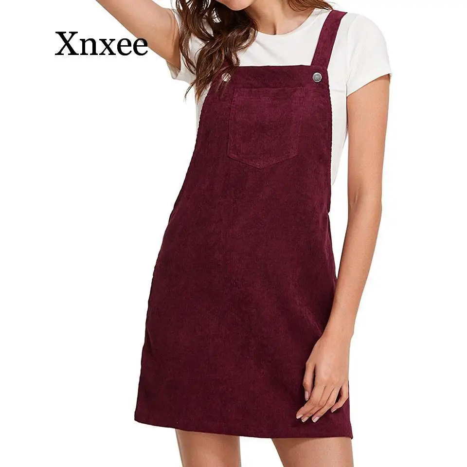 

Vintage Corduroy short Dress Autumn Winter Women Casual Sleeveless Pocket Retro Female Party Dress Loose Suspender Sundress