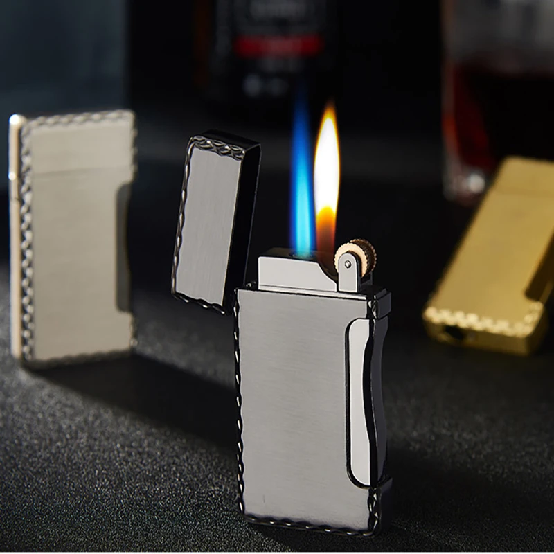 

Personality Variable Double-fire Grinding Wheel Open Flame Side Pressure Straight Into Blue Fmale Inflatable Metal Lighter2021