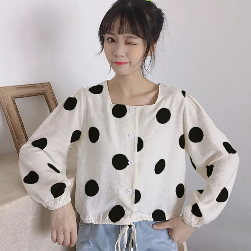 Женская рубашка модная длинный рукав винтажная в горошек блузка Корейская