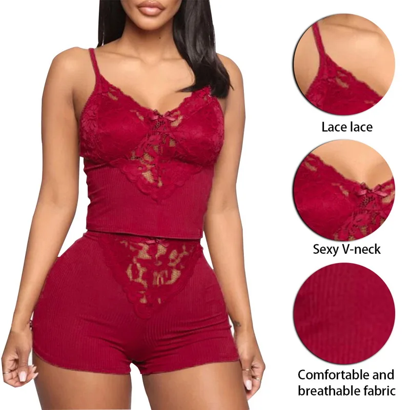 

Sexy Women Lace Pijama Sets Sleeveless Strap Sleepwear 2Pcs Trim Satin Top Nightwear NightGowns Lingerie Pajama Sets