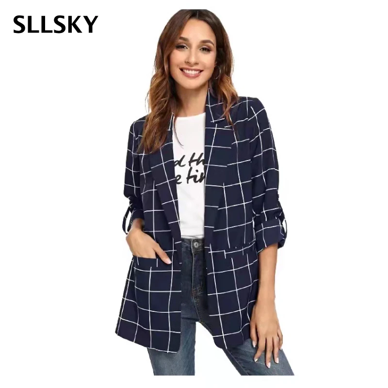 

Женский клетчатый Блейзер Sllsky, однобортное Прямое пальто с длинными рукавами и карманами, офисное пальто для весны и осени 2021
