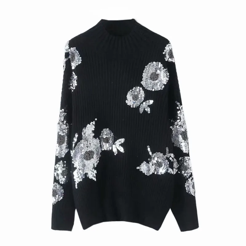 Beading Sequined Loose Knitted Sweater Floral Pattern Turtleneck Long Sleeve Stretchy Pullovers Female Retro Tops | Женская одежда