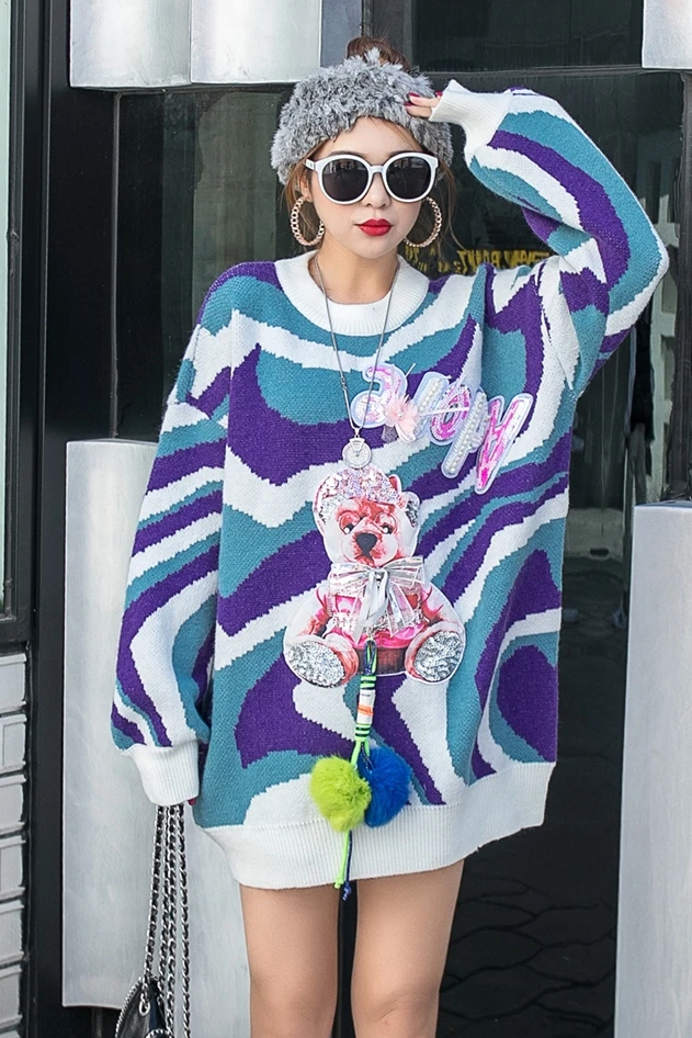 

Women's sweater Europe station retro wave pattern cartoon beaded patch outer wear sweater women loose personality knitted top