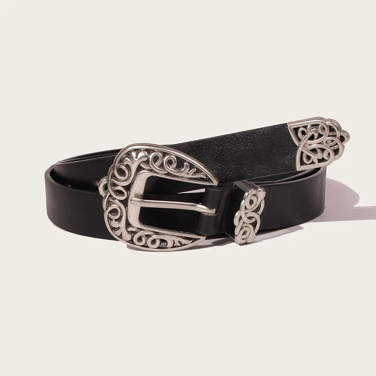 

Stylish Women Caving Retro Heart Shape Metal Buckle Pin Buckle Belts High Quality Luxury Thin Black Designer Belts Female Casual