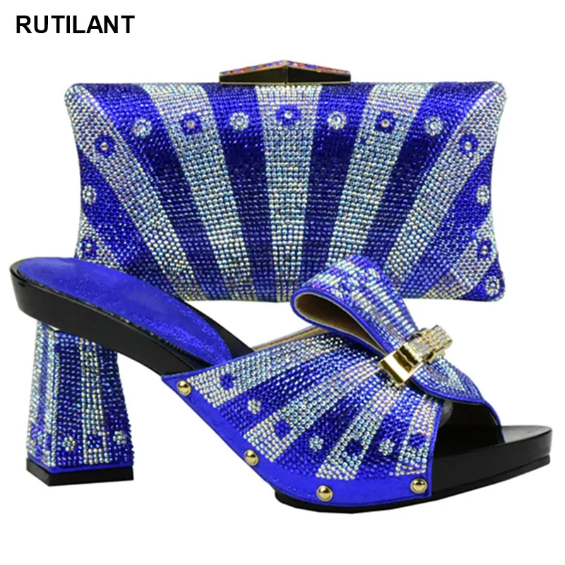 

Blue Color Shoes and Bag Set Decorated with Rhinestone African Shoe and Bag Set for Party In Women Nigerian Shoes and Bag Sets