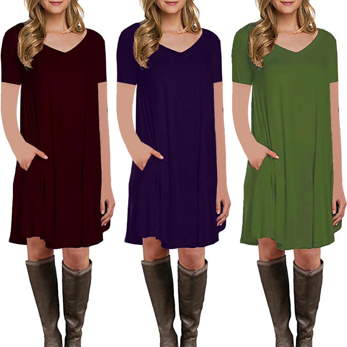 

Women Solid Color with Pocket Short Sleeve V-Neck Mini Dress Ladies Summer Autumn Holiday Casual Basic Sundress