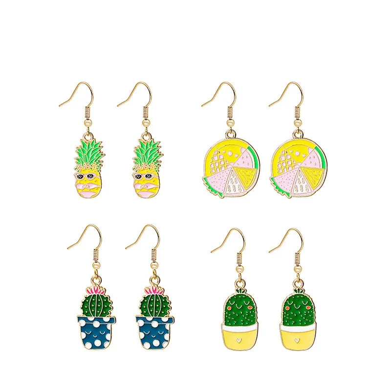 

Minar Cute Lovely Multi Styles Colorful Enamel Fruit Plant Dangle Earrings for Women Cartoon Ornage Cactus Pineapple Earring