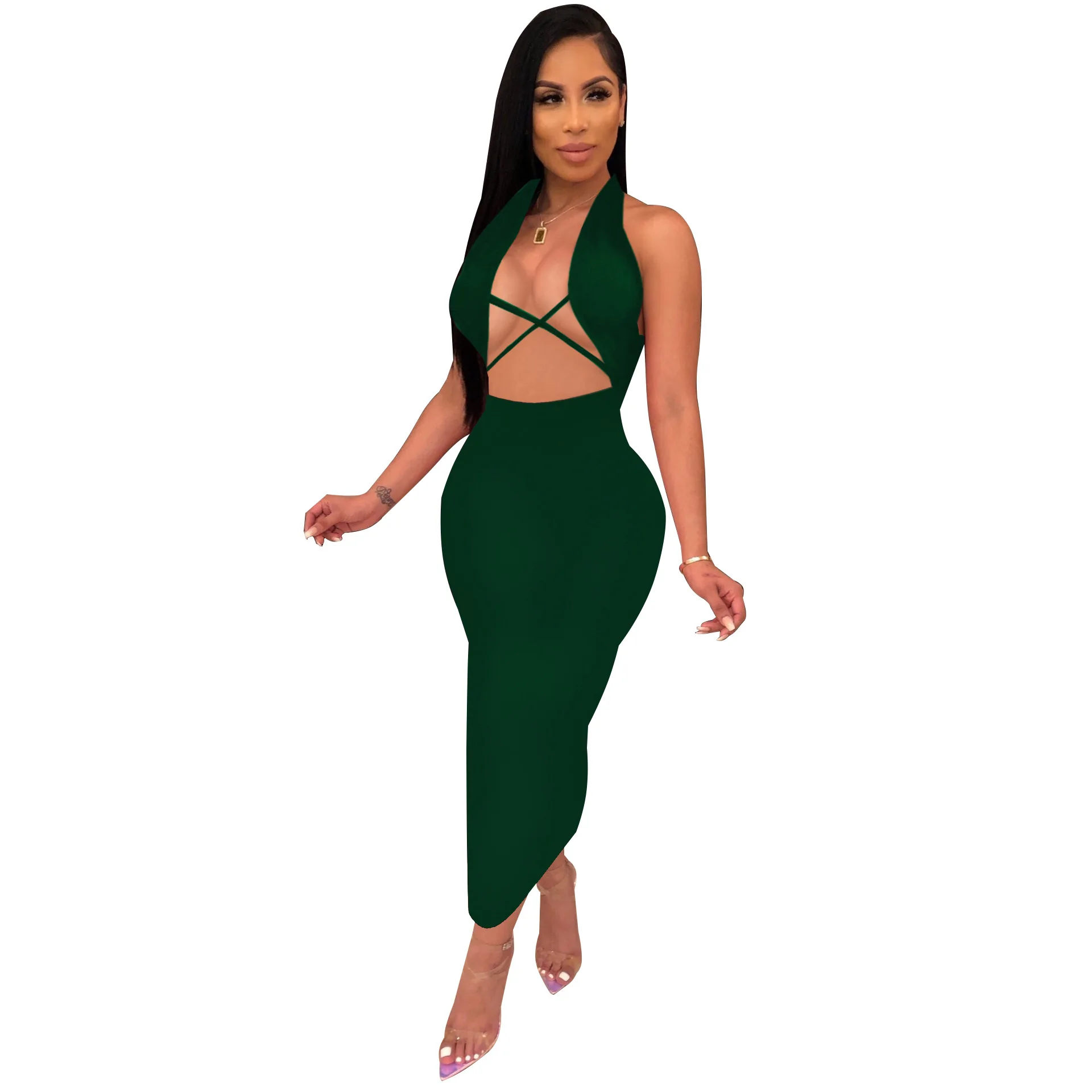 

RStylish Sexy Women Cut Out Long Dress 2021 Summer Fashion Night Club Party Halter Bodycon Solid Color Sleeveless Maxi Dresses