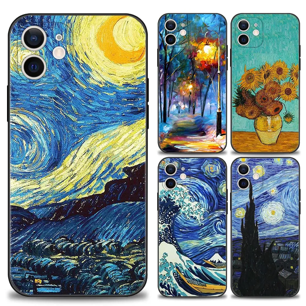 paintings Starry Night Van Gogh Case For iPhone 11 Pro Max XS Max XR X 13 12 Mini 7 8 6 Plus SE 2020 Black Bumper Soft Cover