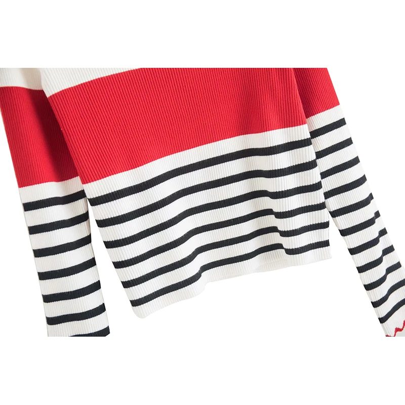 Женский трикотажный свитер с оборками Повседневный пуловер в полоску круглым