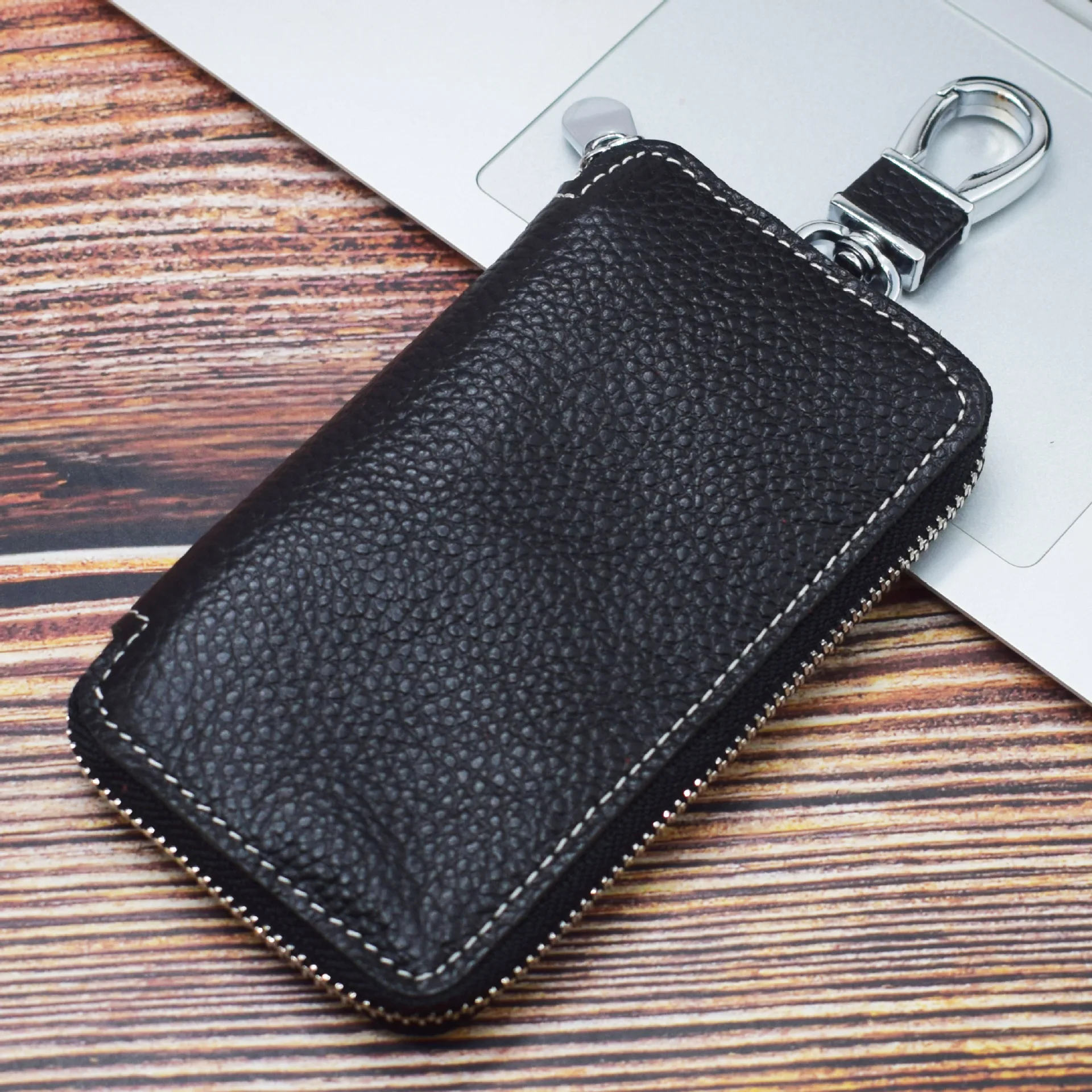 Black-hook Genuine Leather Key Wallet Men Keychain Holder Pouch Purse Zipper Designer Car Key Case Multifunction Door Keys Housekeeper Bag - Color: Black-hook
