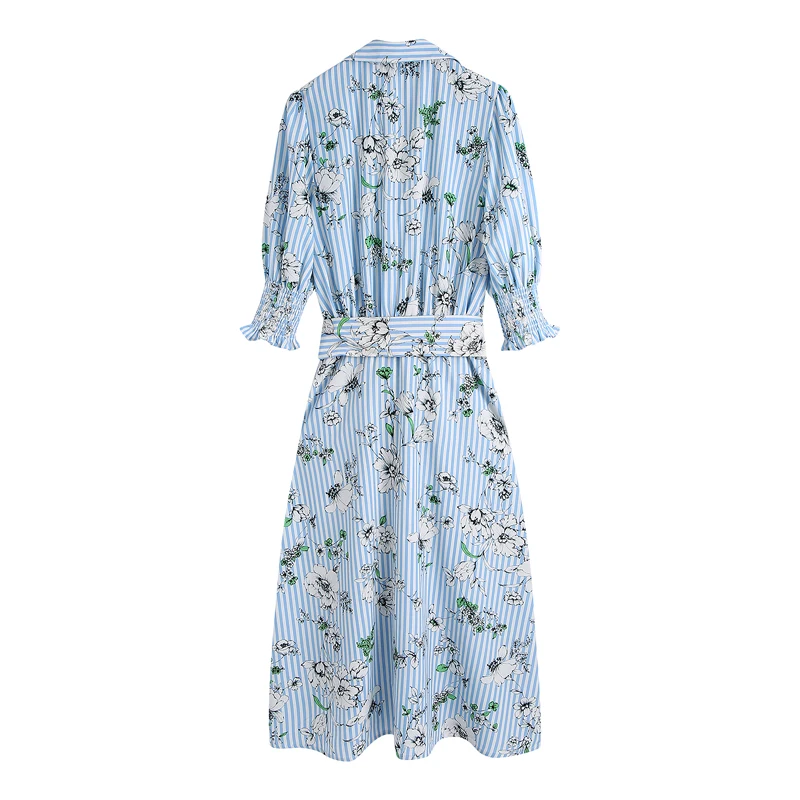 

Spring and Autumn Women's Casual Flower Print Lapel Long Sleeve Belt Decorated Shirt Dress