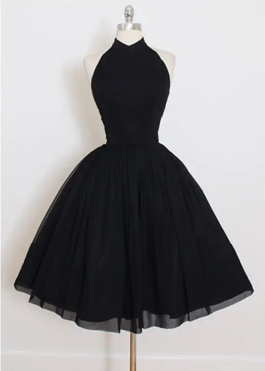 Vintage Short Black Chiffon Halter Homecoming Dresses with Pockets A-Line Knee Length Backless Graduation Dresses for Teens