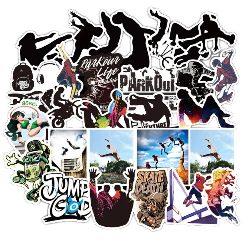 

50pcs Parkour Extreme Sports Black And White Stickers Cartoon Waterproof Decal Sticker To DIY Suitcase Laptop Motor For Boy F4