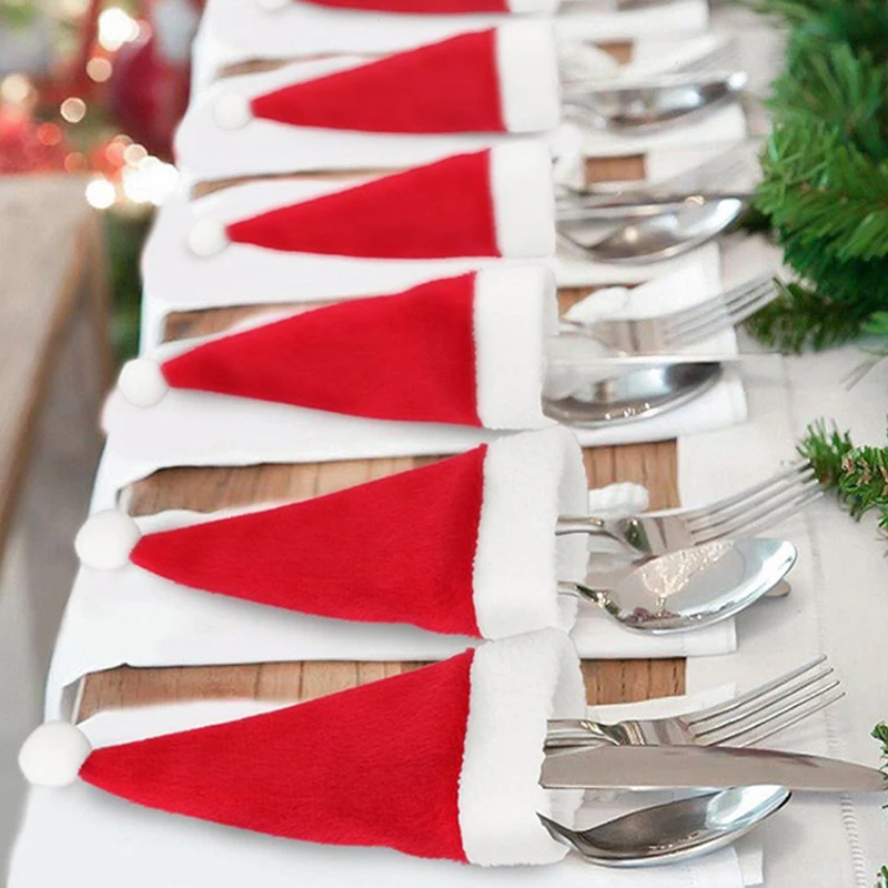 

10/18Pcs Tableware Holder Bag Christmas Hats and Fork Sets Christmas Table Decorations Cutlery Holder Fork Spoon Pocket