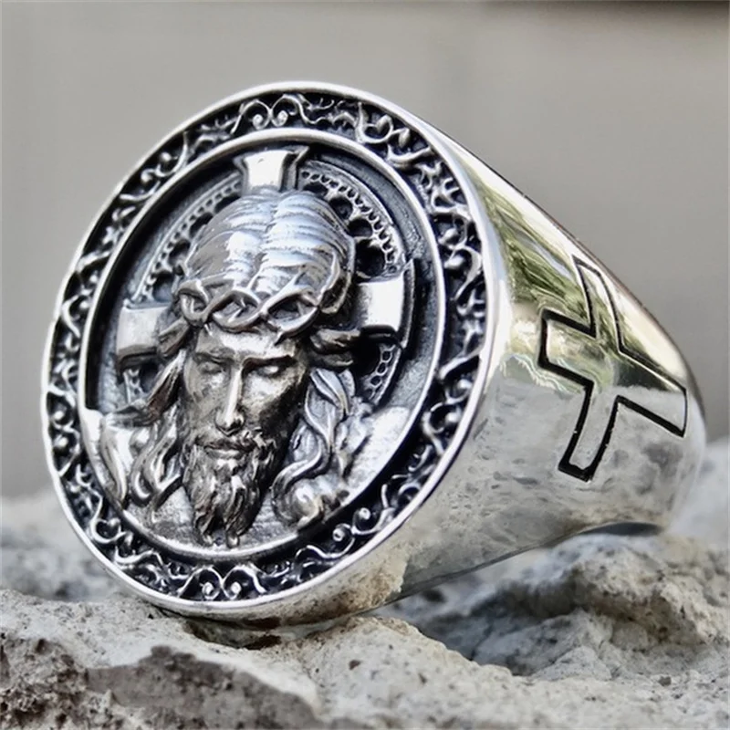 

New Fashion Personality Domineering Men's Punk Religious Ring Jesus Prayer Cross Ring Jewelry Gift Wholesale