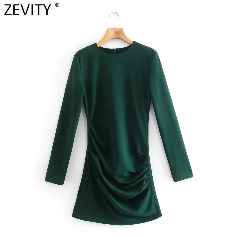 

Женское модное однотонное шифоновое платье ZEVITY с подолом и плиссированным дизайном, офисное женское шикарное базовое платье с круглым выре...