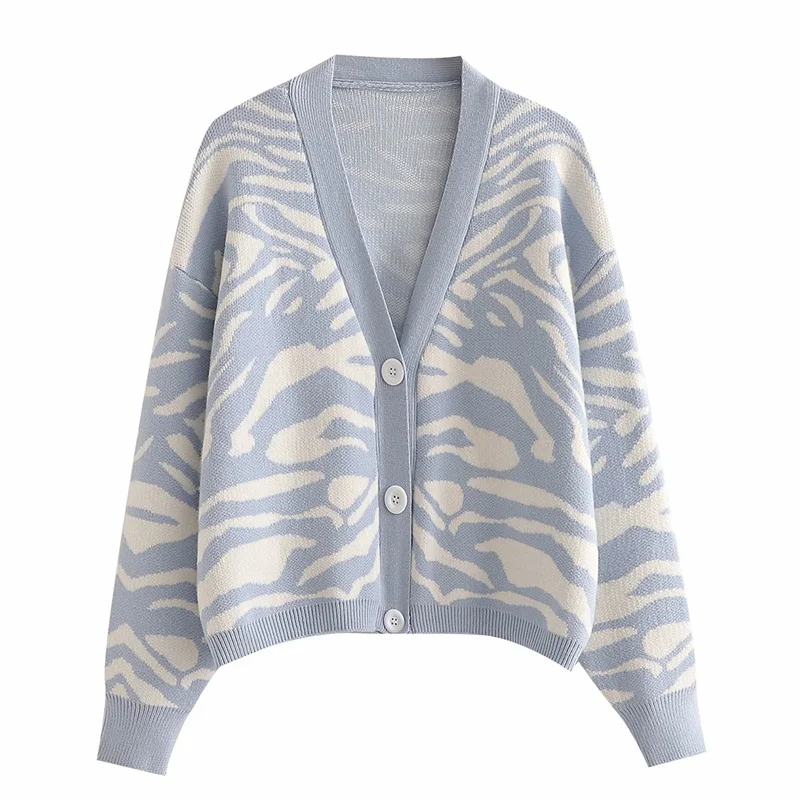 

PUWD Sweet Women Loose Purple Leopard Knitted Cardigan 2021 Spring Fashion Ladies Oversized Cardigans Female V Neck Knitwear