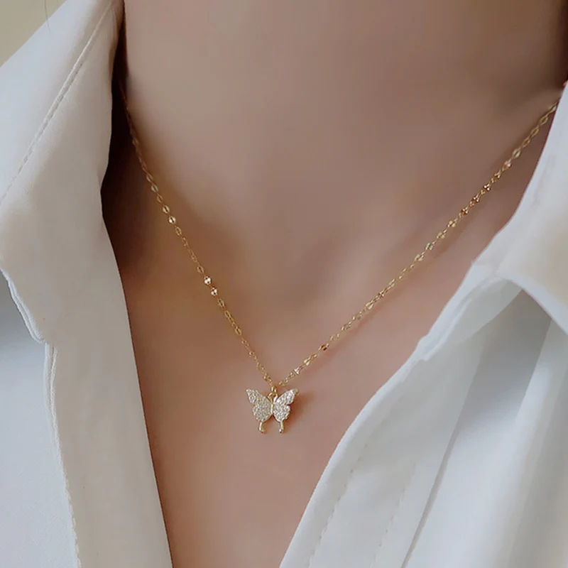 

Simple Zircon Butterfly Necklace Titanium Steel Letters 520 Pendant Clavicle Chain Charm Chokers Necklace for Women Jewelry Gift