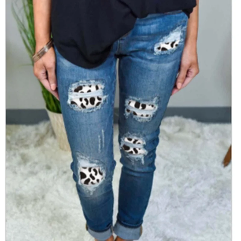 

Женские рваные джинсы, брюки-карандаш, модные облегающие леопардовые брюки со средней посадкой в стиле пэчворк, женские узкие брюки