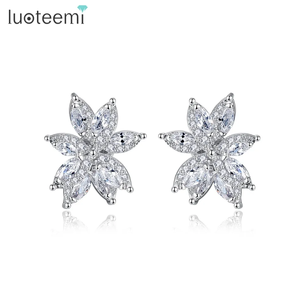 LUOTEEMI, новинка, изысканные серьги-гвоздики в виде цветка для женщин, для свадебной вечеринки, Роскошные CZ популярные ювелирные изделия, два цвета, подарок на Рождество