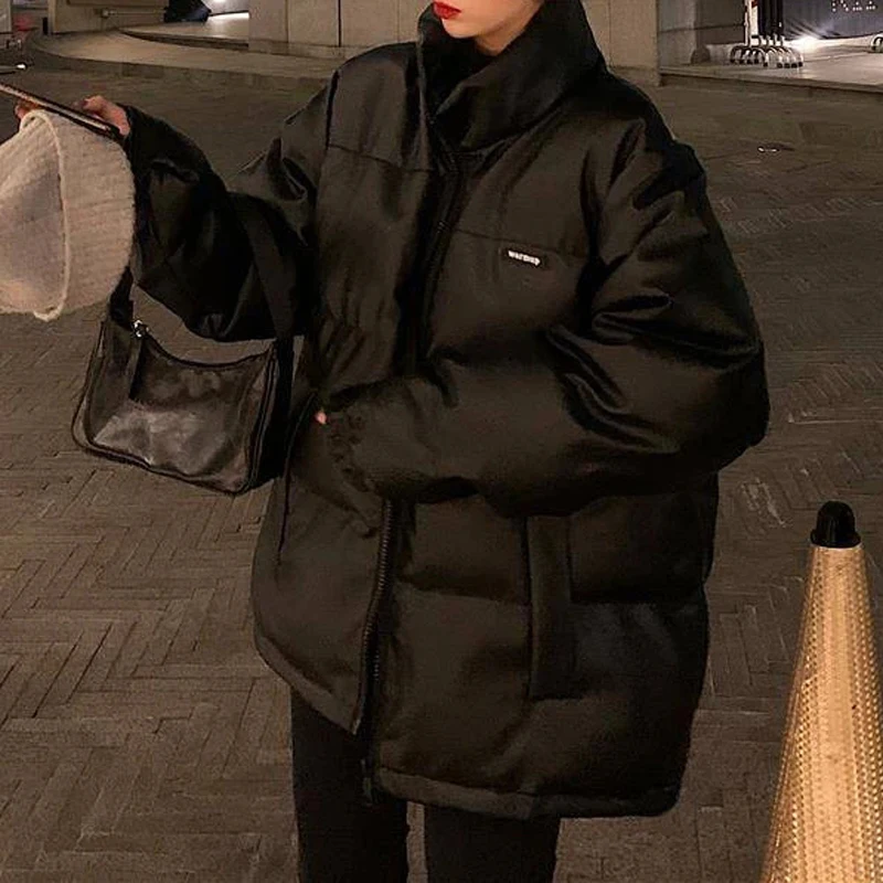 2022 new winter faux leather jacket pure black bright color thickening women's down parka coat loose coat women matte coat