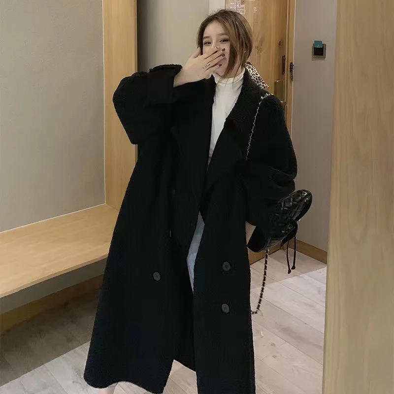 

lambswool new women's Windbreaker coat fashion large size lapel long sleeve casual tops design female long Trench Overcoat
