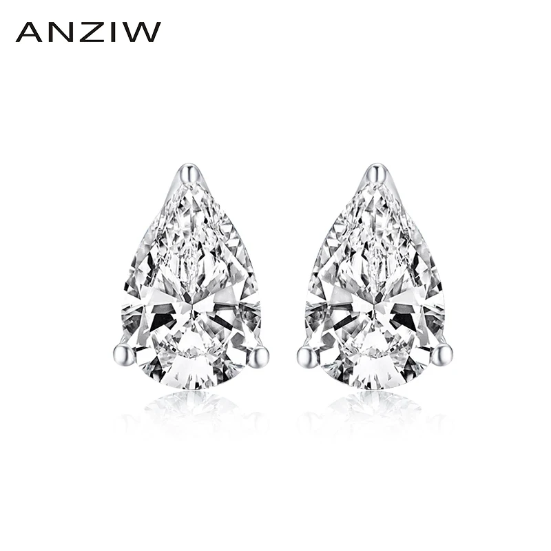 ANZIW 925 пробы Серебряная Груша Cut 8x10 мм CZ 3 зубцами Серьги гвоздики 3CT серебряные