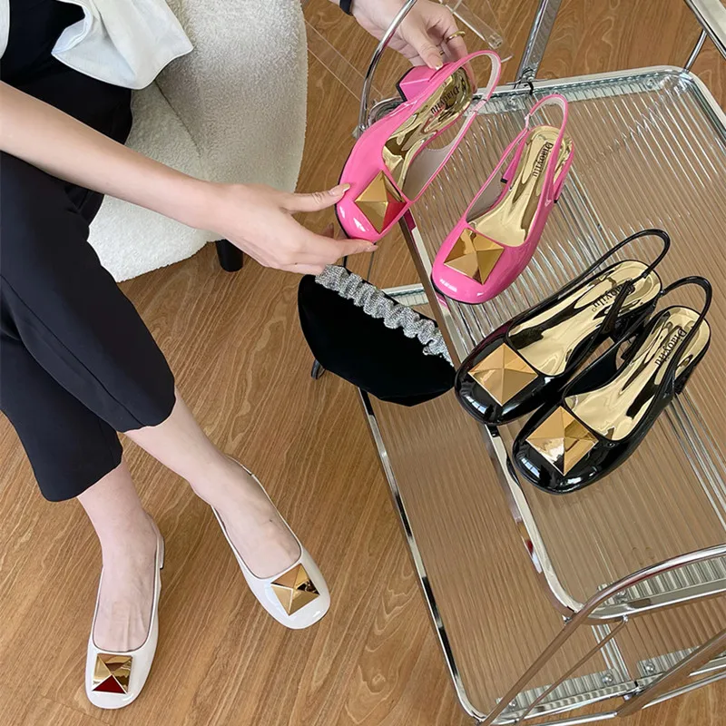 

Bailamos Women Sandals Brand Design Square Toe Women Sandals Fashion Big Gold Rivet Ladies Dress Party Shoes Square High Heel Pu