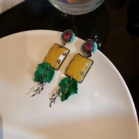 personality yellow color square crystal pendant earrings for women ladies green leaves long dangle earrings fantisy jewelry