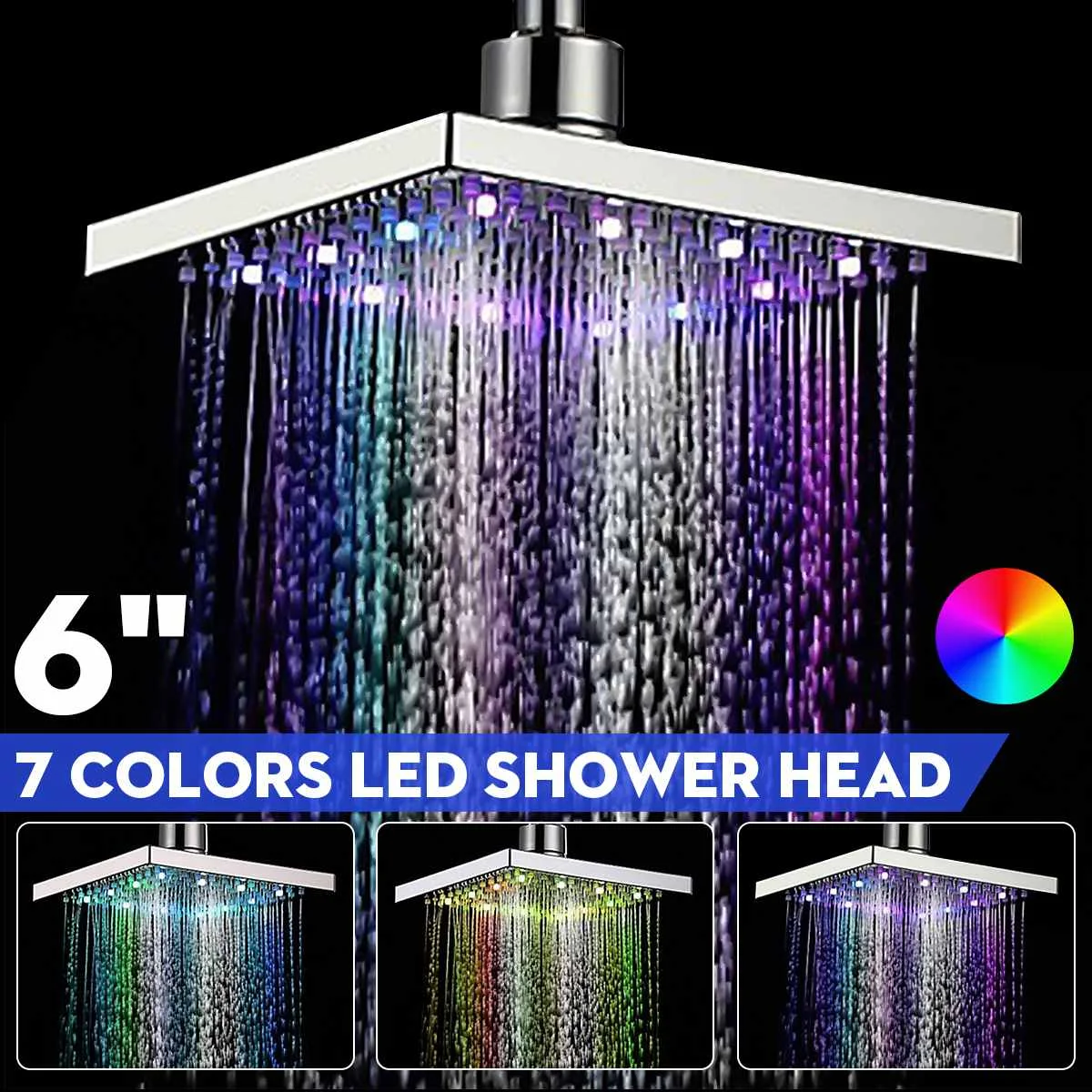 

6 Inch ABS Square Adjudtable Rainfall LED Changing Shower Head Water Flow Spray Temperature Sensor Chrome Finish