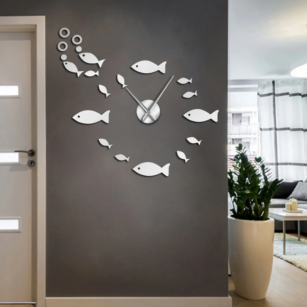 Гигантские настенные часы сделай сам рыба с пузырьками зеркальный эффект Декор